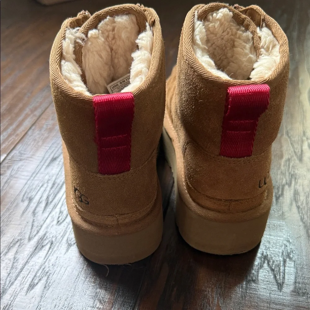 UGG Chestnut/Tan Suede Shearling Zip Ankle Boots with Red Pull Tab